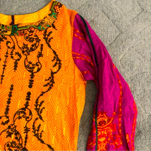 Pakistani Kurta Self-Printed & Embroidered Cotton Size M Yellow/Magenta - Picture 4 of 8